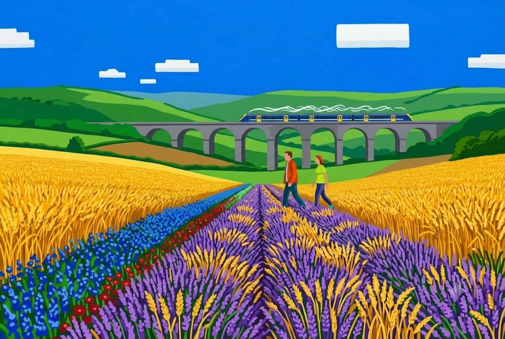 A man and a woman walk through fields of wheat and wildflowers. A train crosses a viaduct in the distance. Flat, simple style. A man and a woman walk through fields of wheat and wildflowers. A train crosses a viaduct in the distance. Flat, simple style.