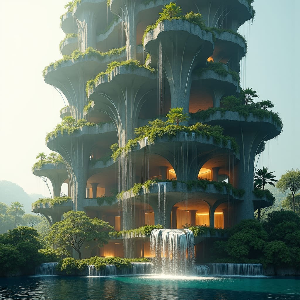 A skyscraper built to resemble a cascading waterfall, with each level jutting out slightly over the one below. The exterior of the building has water flowing down its sides, creating the illusion of a waterfall running down the entire structure. The water is recycled through a system that powers the building’s cooling system, while tropical gardens fill the terraces. Waterfall-inspired, sustainable, fluid design, tropical integration.