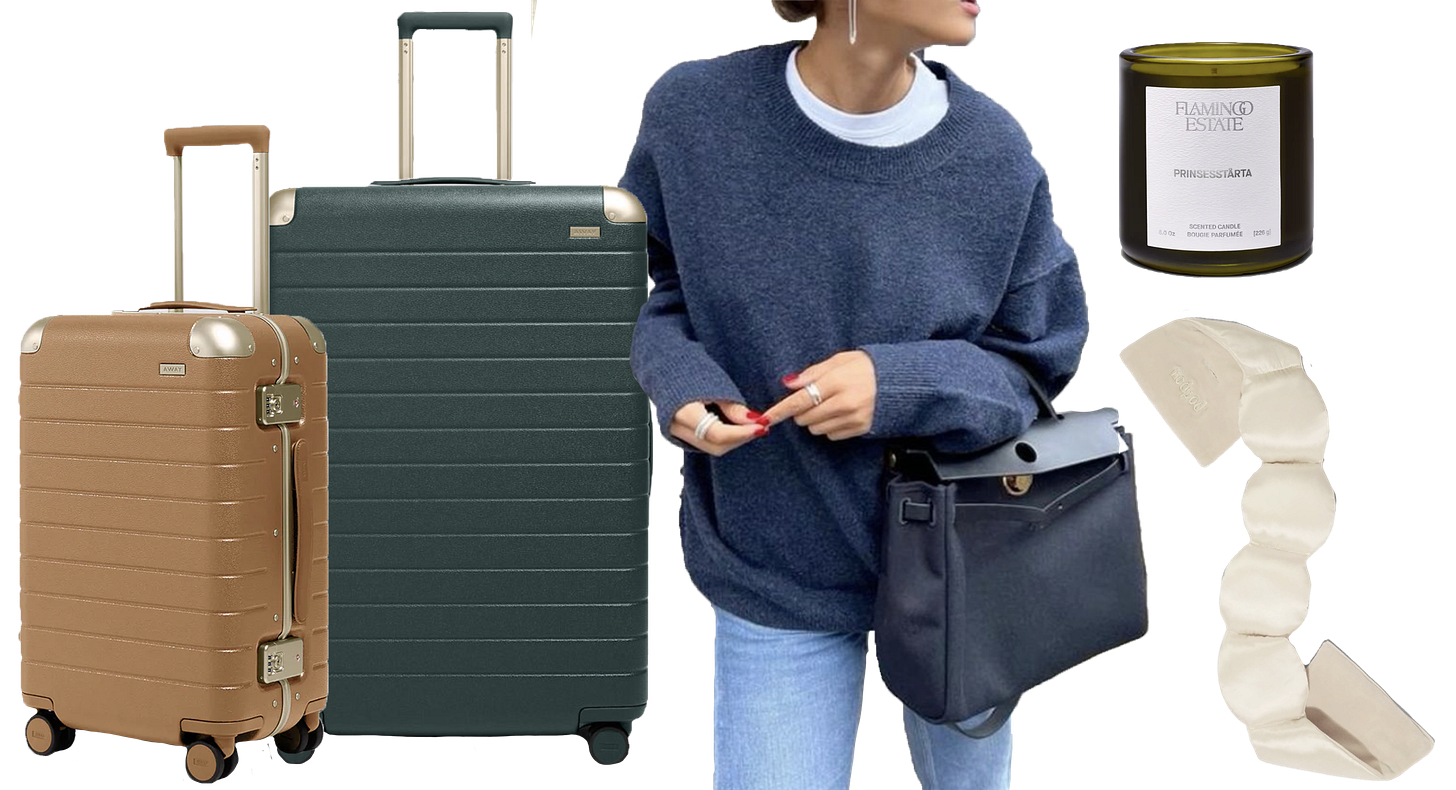 Away luggage, a woman in a navy sweater, a candle and a weighted sleep mask