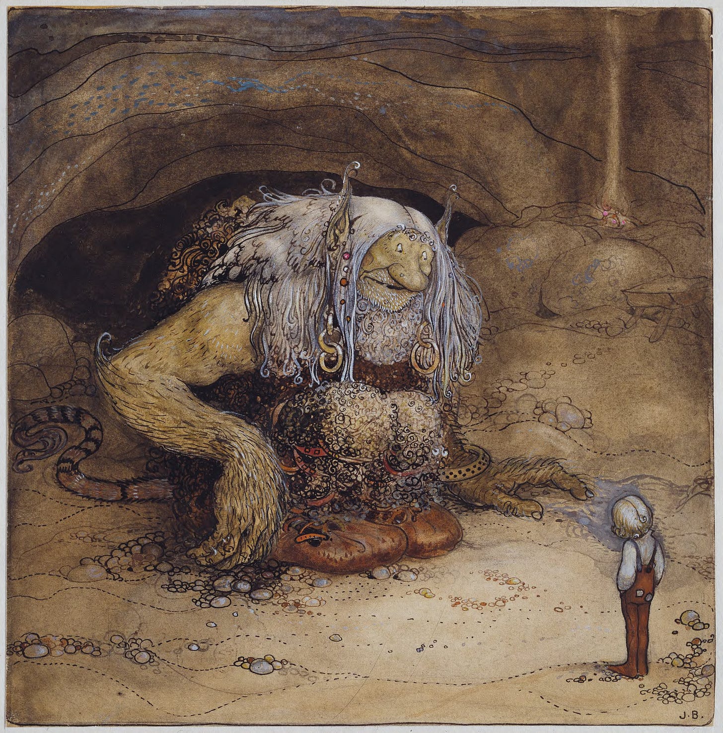A huge gray-haired troll covered in jewels and fur crouches at the mouth of a cave and grins down at a tiny boy in a red jacket.