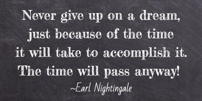 Black chalkboard background with white handwritten-style text reading Never give up on a dream, just because of the time it will take to accomplish it. The time will pass anyway! attributed to Earl Nightingale at the bottom. Watermark RozSpirations in the corner. Black chalkboard background with white handwritten-style text reading Never give up on a dream, just because of the time it will take to accomplish it. The time will pass anyway! attributed to Earl Nightingale at the bottom. Watermark RozSpirations in the corner.
