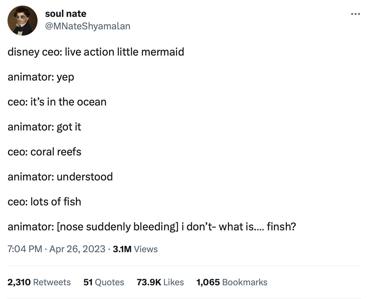 a screenshot of this tweet https://twitter.com/MNateShyamalan/status/1651361726401597441