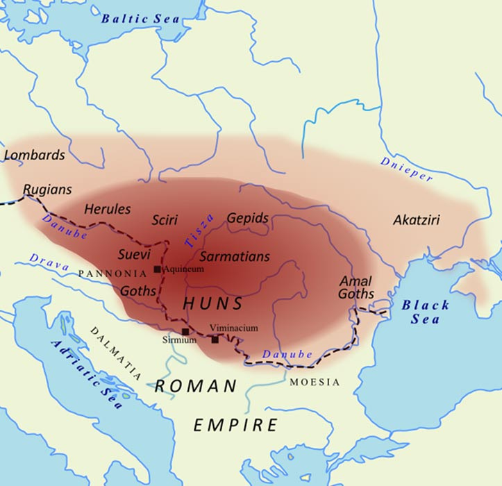 Map showing the extent of Attila's Empire.