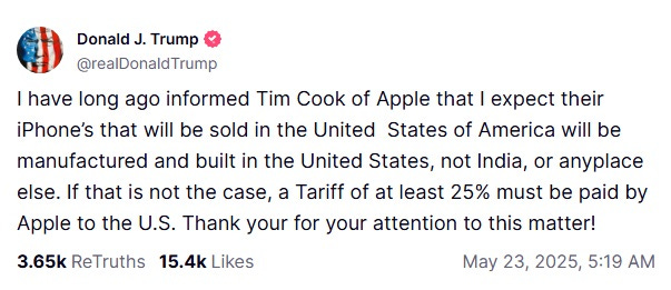 Screenshot of Trump's May 23 post threatening Apple. Text transcribed below image.