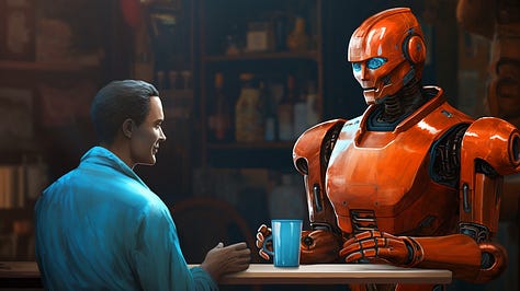 A robot casually chats with a human being