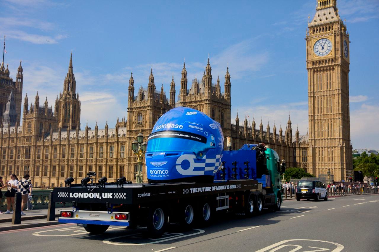 Eden Staford on X: "🏎 A giant promo helmet of the Aston Martin team with  the Coinbase logo is already being driven through the streets of London.  https://t.co/X2GhknYgN5" / X