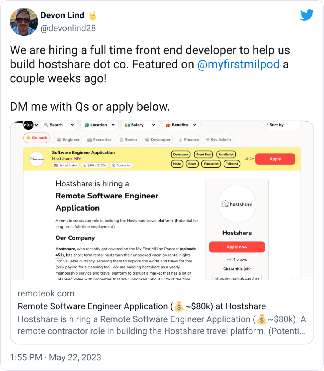 Devon Lind 🤘 @devonlind28 We are hiring a full time front end developer to help us build hostshare dot co. Featured on @myfirstmilpod a couple weeks ago! DM me with Qs or apply below. Devon Lind 🤘 @devonlind28 We are hiring a full time front end developer to help us build hostshare dot co. Featured on @myfirstmilpod a couple weeks ago! DM me with Qs or apply below.