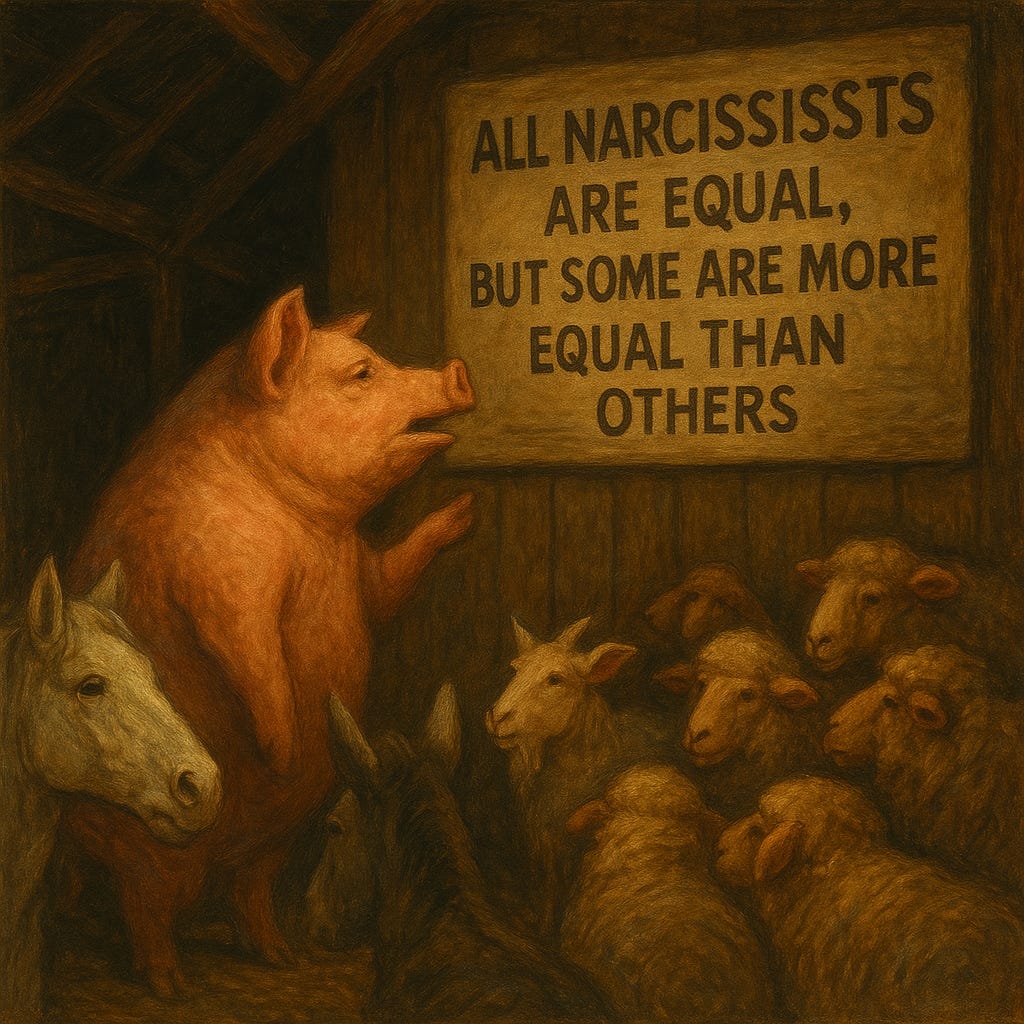 A satirical painting inspired by Animal Farm shows a smug pig standing before a group of sheep, goats, and a donkey inside a dark wooden barn. The pig gestures toward a large sign on the wall that reads: “All Narcissists Are Equal, But Some Are More Equal Than Others.” The animals stare passively, symbolising blind acceptance. The image reflects the hidden, self-similar nature of narcissism—how it distorts reality, enforces hierarchy, and goes unrecognised even as it governs the system.