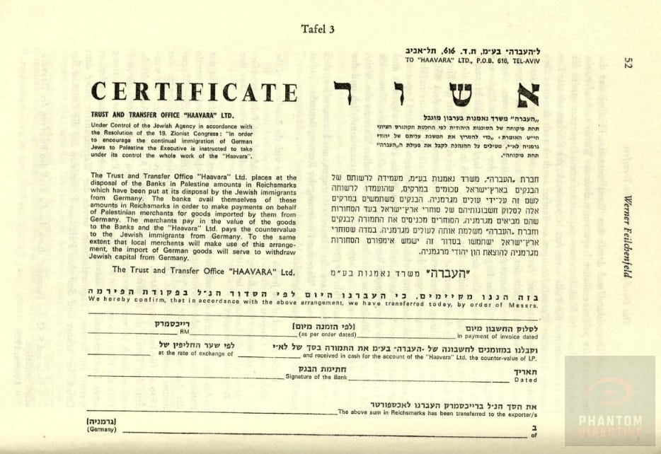 Haavara transfer certificate reproduced in Werner Feilchenfeld, Dolf Michaelis, and Ludwig Pinner, Haavara-Transfer nach Palästina und Einwanderung deutscher Juden 1933–1939, Tafel 3, showing the working mechanism of the Nazi–Zionist transfer arrangement.Haavara transfer certificate reproduced in Werner Feilchenfeld, Dolf Michaelis, and Ludwig Pinner, Haavara-Transfer nach Palästina und Einwanderung deutscher Juden 1933–1939, Tafel 3, showing the working mechanism of the Nazi–Zionist transfer arrangement.