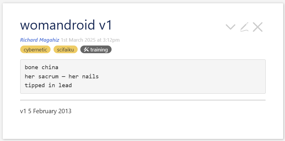A pane with title womandroid v1, three tags, and some text