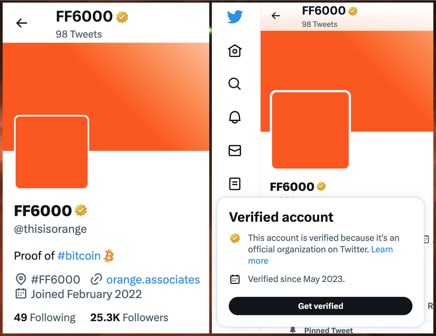 screenshots of @thisisorange's profile, showing the gold verification badge