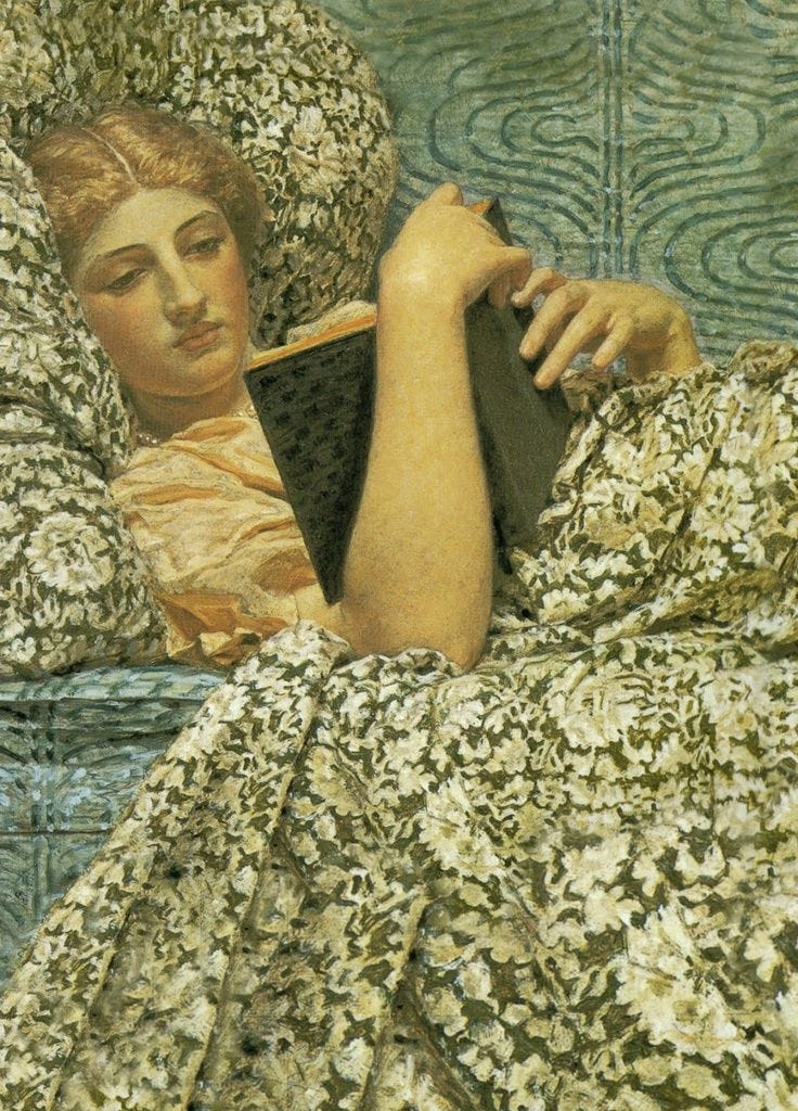 This may contain: a painting of a woman laying in bed with her arms crossed and reading a book