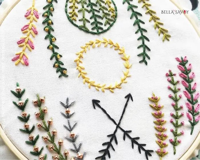 Fern Stitch Embroidery Tutorial 108 embroidery hoop with fern stitch designs creating florals, foliage, decorative elements
