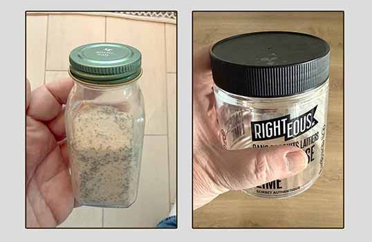 Two color photos of the author holding products. On the left is a spice bottle with a metal, ridged top. On the right is a sorbet contatiner with ridged, plastic top.