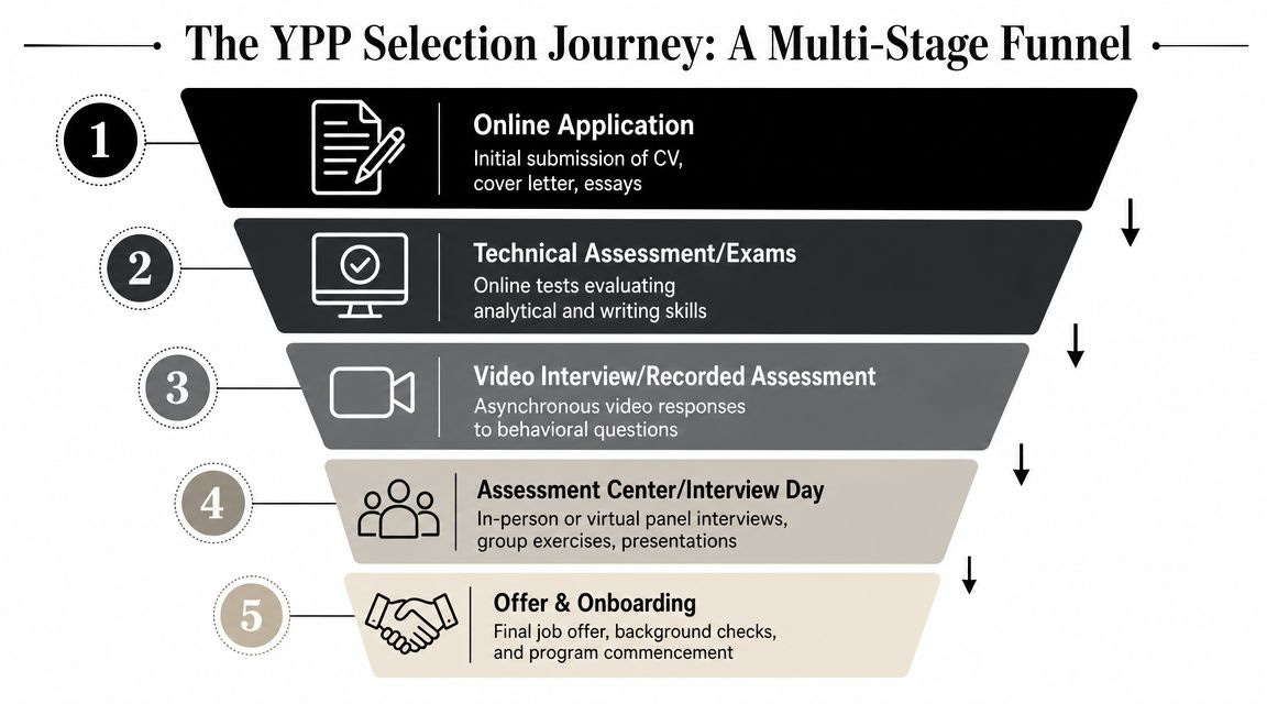 A five-stage funnel diagram outlining the selection process for young professional programs in international organizations.