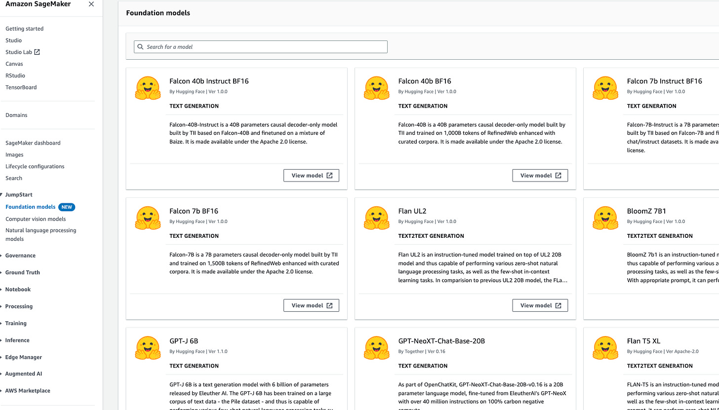 Regular AWS Console in Amazon SageMaker, showcasing a new tab - JumpStart, with a list of Foundation models inside.