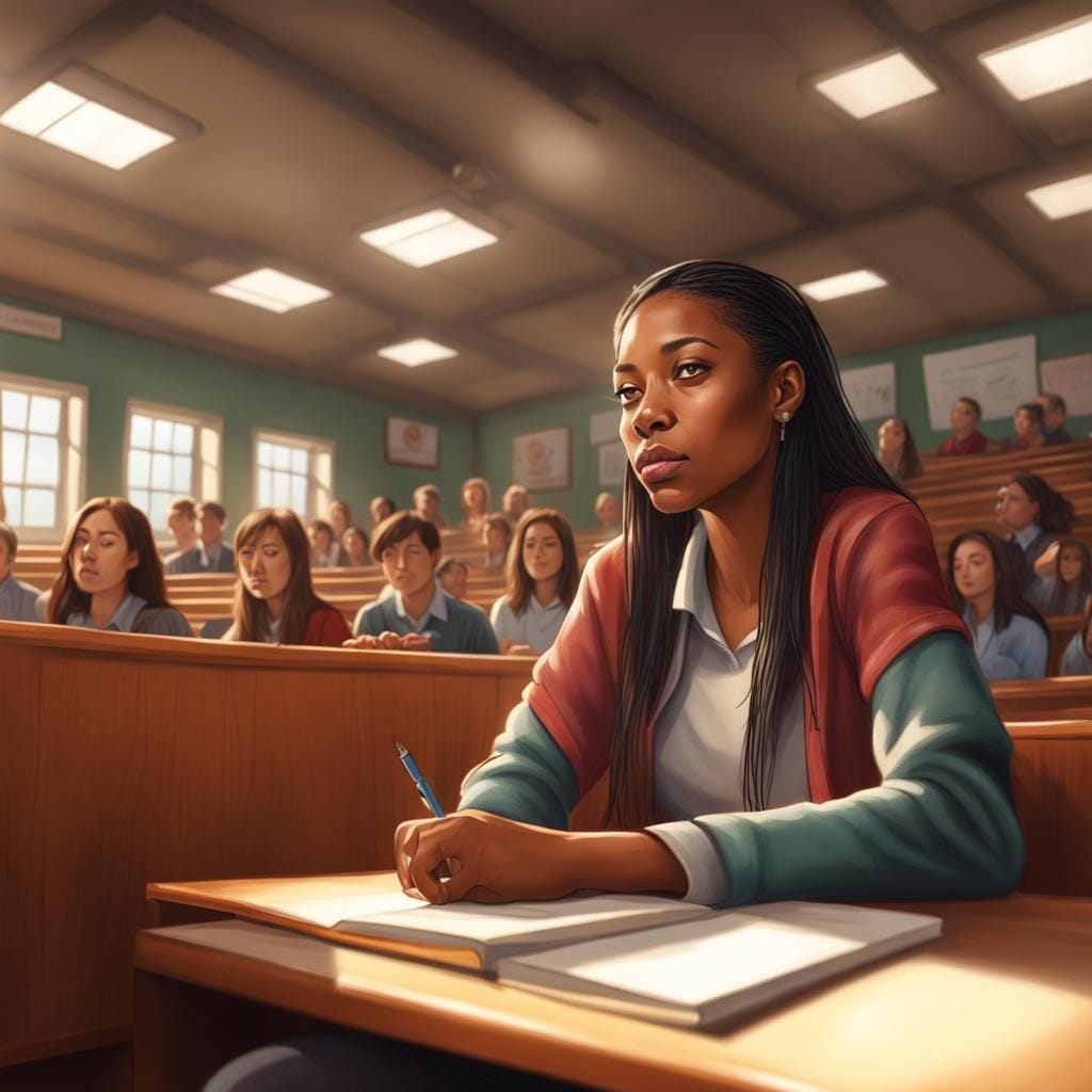 a pretty female student sits in a vertical-style bleacher-seat classroom taking copious notes as a college instructor le...