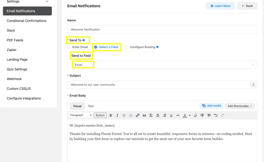 Enable email notifications on your Fluent Forms Email notification settings and customize the email body.