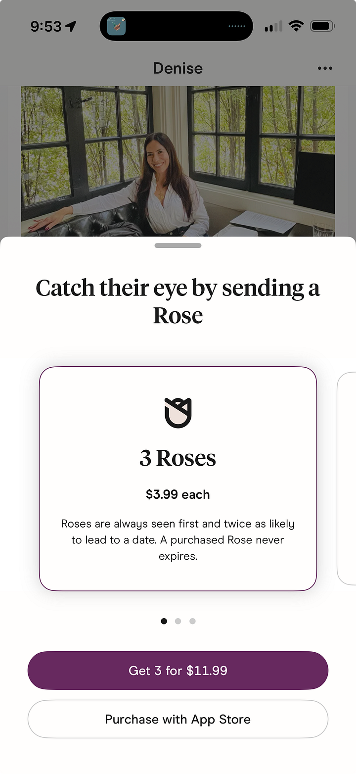 Screenshots of "Super Like" monetization features: Hinge’s Roses, Bumble’s SuperSwipes, and Tinder’s Super Likes. The images show pricing tiers and marketing copy promising users they will "stand out" and bypass the standard match queue.