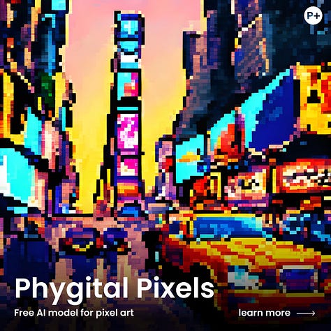 Images of Phygital's styles, characters, game assets, knolling box, pixels, logo transformation, fashion, and locations, as examples of the types of neural network tools available.