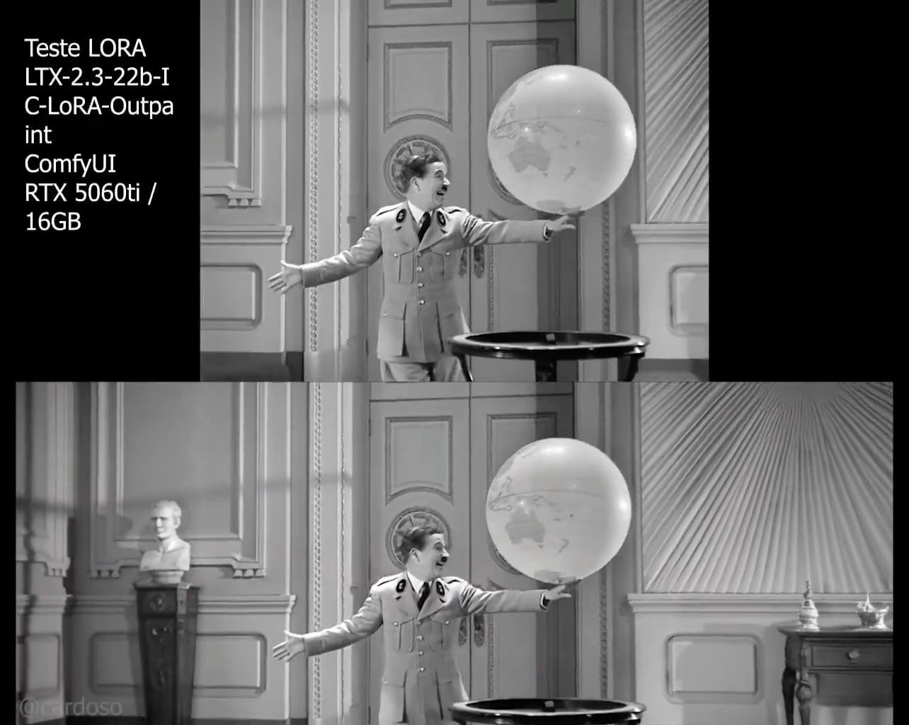 Demo of Chaplin's "The Great Dictator," with the original frame on top, and an AI-created widescreen version of the same frame below