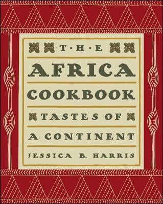 Pictured are Senegalese-inspired triangles patterned around the border of the page. In the middle of the page is a beige box with brown lines throughout the box similar to lined paper with the author and title “The Africa Coookbook: Tastes of a Continent” in the middle.