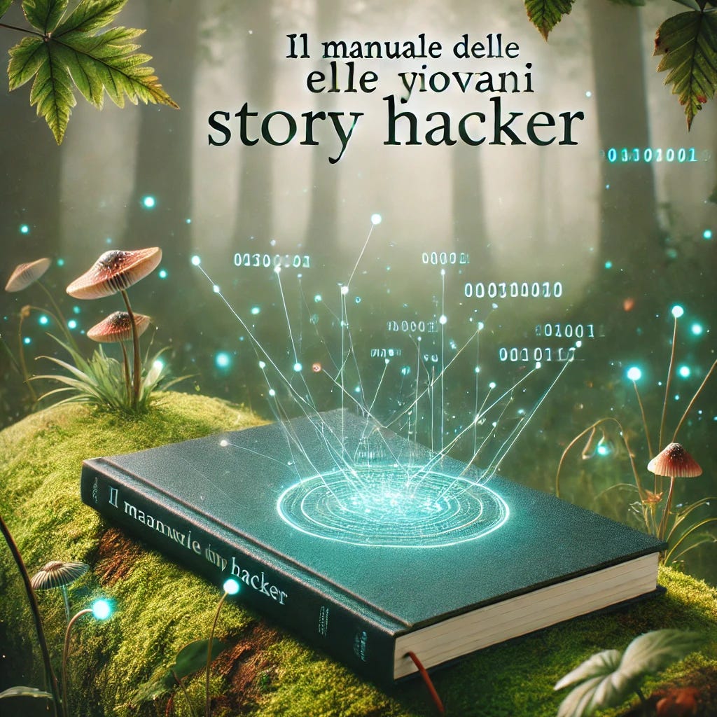 A book cover design for 'Il Manuale delle Giovani Story Hacker,' with a subtle blend of technology and magic. The scene is set in a serene forest with soft lighting and minimalistic glowing elements. A sleek laptop rests on a mossy log, with faint holographic projections blending naturally into the environment. Small traces of binary code float subtly in the air, merging with natural elements like leaves and vines. The title 'Il Manuale delle Giovani Story Hacker' is displayed in a clean, modern font, with a touch of storybook elegance. The colors are muted greens, browns, and cool blues, creating a harmonious and understated aesthetic.
