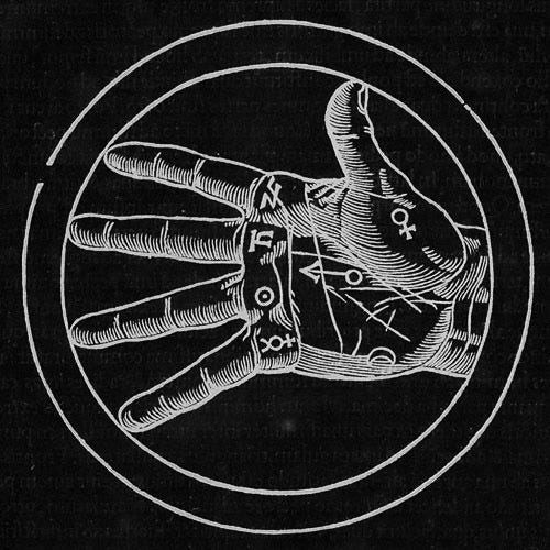 An anatomical drawing of the hand with planetary symbols on various parts of the hand. Around the hand are two circles, the inner a complete circle, the outer incomplete/open. An anatomical drawing of the hand with planetary symbols on various parts of the hand. Around the hand are two circles, the inner a complete circle, the outer incomplete/open.