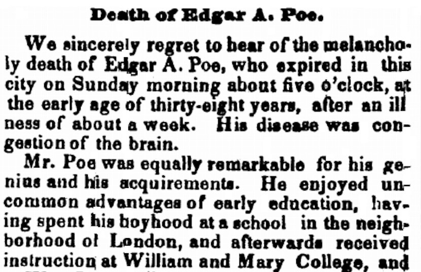 The Augusta Chronical notice of Edgar Allan Poe's death. Augusta, Georgia, October 23, 1849.