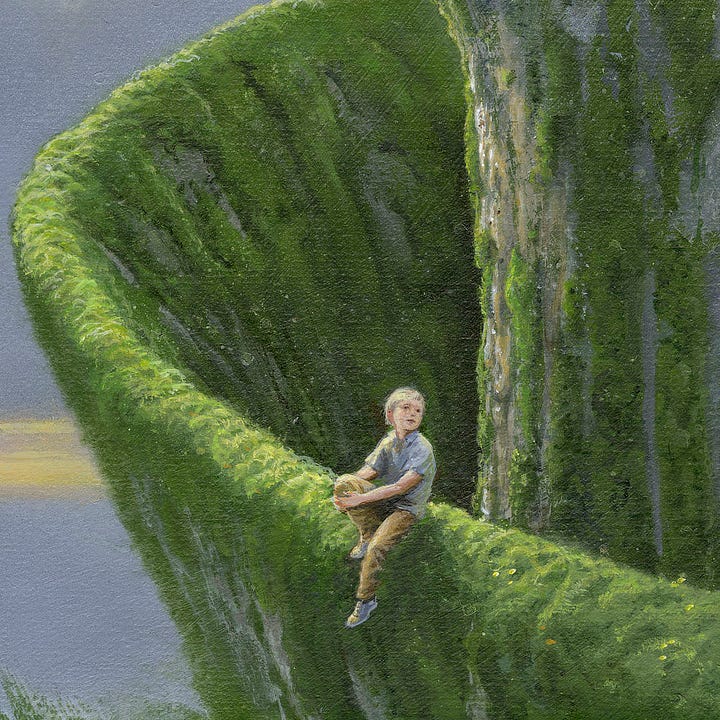 LEFT: Detail from UNWINDING featuring a boy seated at the bottom of a concrete spiral covered in moss. He sits with one knee up braced by his hands wrapping around it.  RIGHT: Pencil sketch of a skull sitting atop the broken trunk of a thin tree. A raven perches on a thin branch crossing in front of the skull.