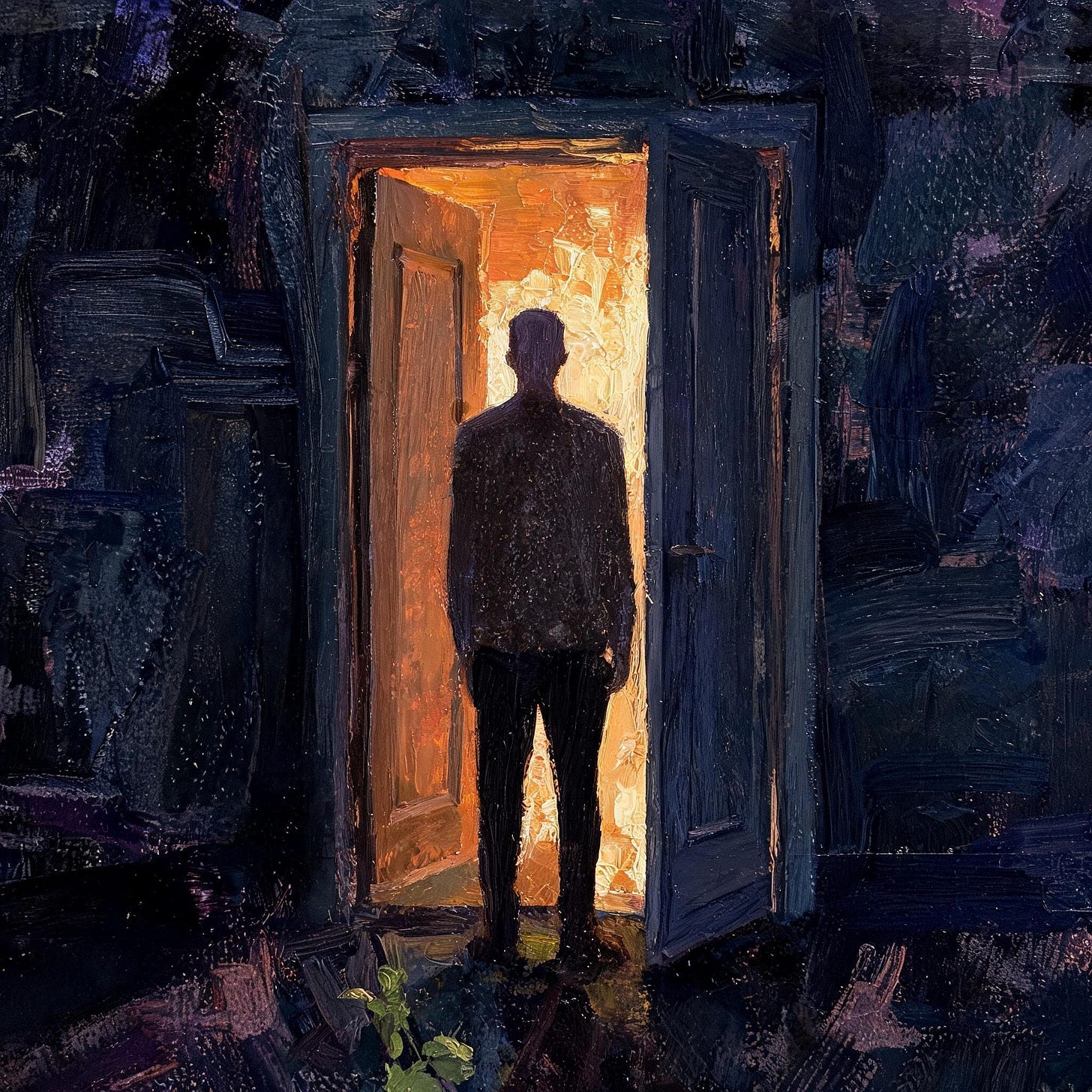 A figure stands at the threshold of a half-open door, seen from behind. Warm amber and gold light spills through the opening. The space behind them is painted in deep charcoal, slate, and cold blue — walls and shadow suggested, not stated. The figure is neither entering nor leaving. Just present. Oil on canvas, abstract expressionist style.