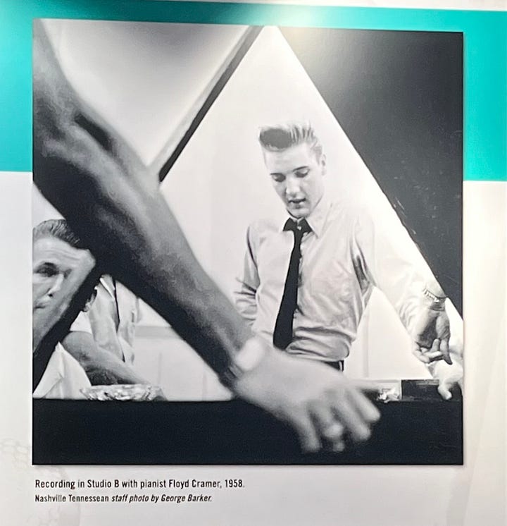left image: black-and-white photo of Elvis leaning over the Steinway piano in Studio B; right image: the same Steinway piano still sitting in the corner of Studio B