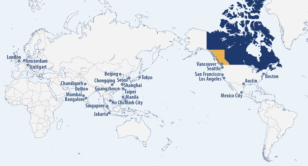 (Locations of all BC trade offices as of 2025. Image courtesy of the BC government) (Locations of all BC trade offices as of 2025. Image courtesy of the BC government)