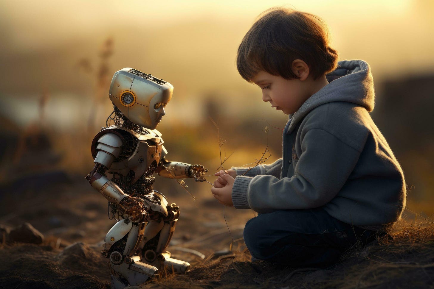 AI generated Little boy playing with a toy robot in the field at sunset, A  child playing with a toy robot, AI Generated 35898034 Stock Photo at  Vecteezy