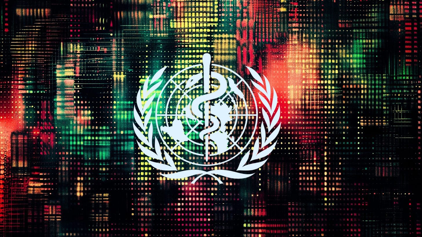 World Health Organization emblem with a rod of Asclepius and a globe, set against a colorful abstract background of red, green, and yellow digital grid patterns