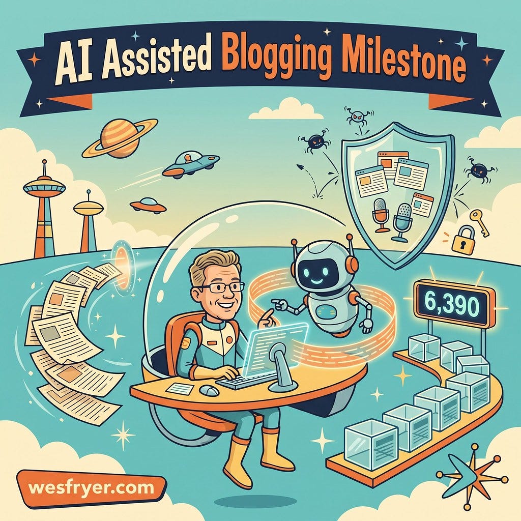 A cheerful, cartoon-style illustration commemorating an "AI Assisted Blogging Milestone," featuring a smiling man in a space-age bubble. He is wearing glasses and a light blue flight suit while working at a computer desk, with a friendly robot pointing at the screen from within an orange data vortex. Surrounding them are whimsical space elements, including Saturn, flying saucers, tower stations, floating papers, a secure data shield, and a conveyor belt of glowing cubes leading to a sign that reads "6,390."