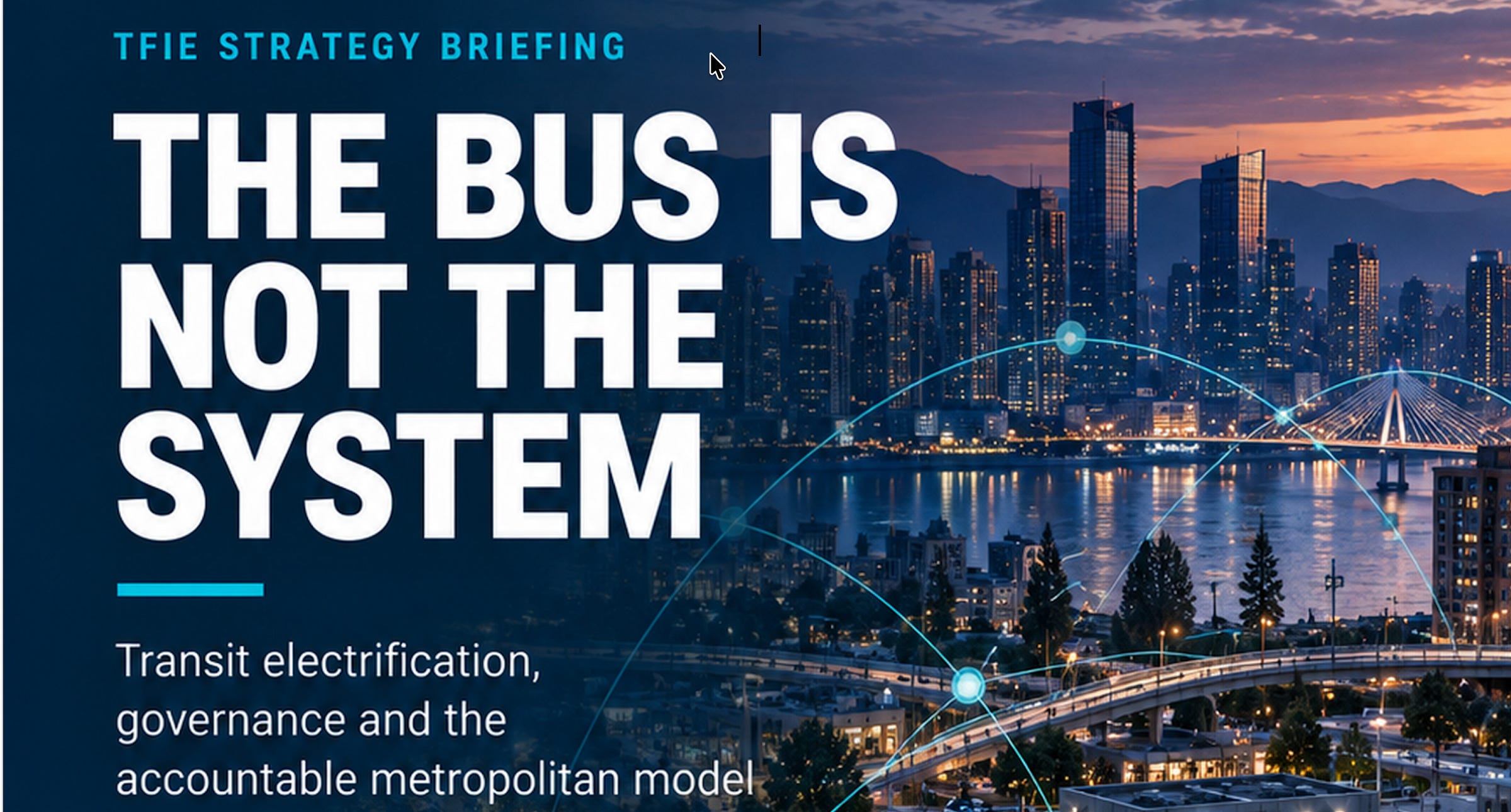 Twilight metropolitan bus network with buses, passengers and interchange infrastructure beneath a city skyline, overlaid with connected network lines.