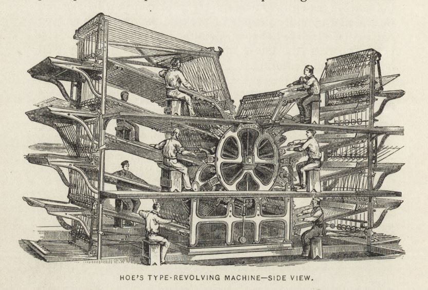 Side view engraving of the R. Hoe rotary-type press with three levels of people feeding paper sheets into the press.