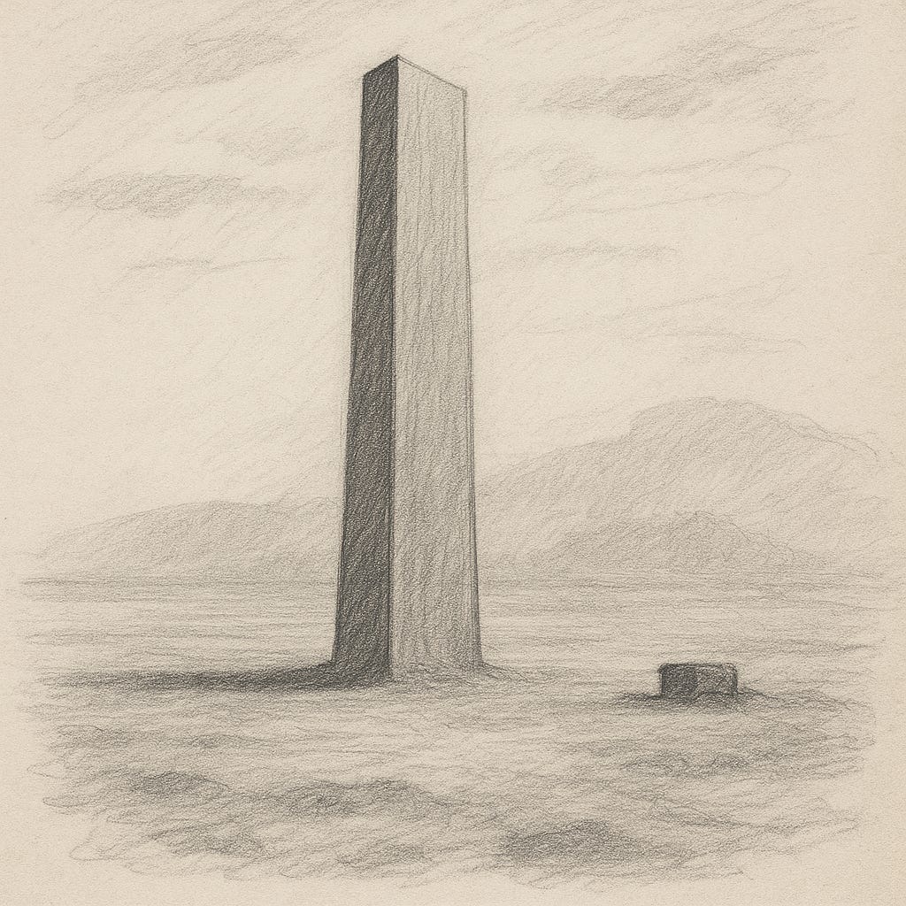 Pencil drawing on beige paper of a tall monolithic tower standing in an empty landscape. A smaller auxiliary block is shown nearby, with low hills faintly visible in the background.