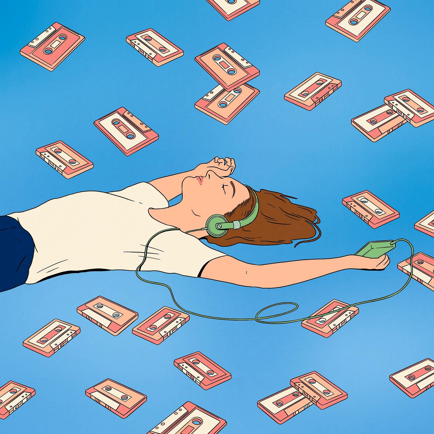 Illustration of a person wearing headphones cassettes scattered around.