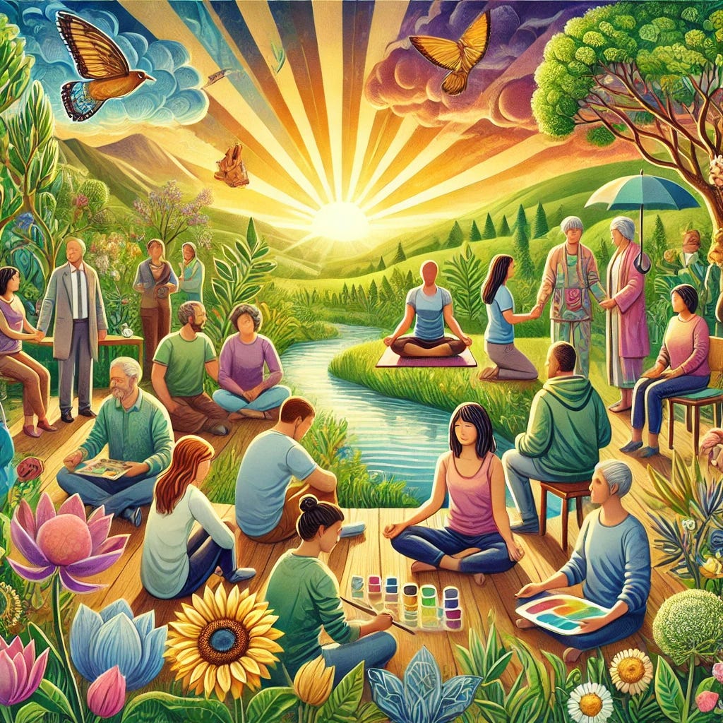 A detailed and inspiring illustration emphasizing positive mental health, depicting a diverse group of people of various ethnicities and ages in a harmonious setting. Include individuals engaging in various uplifting activities such as yoga, group therapy, artistic expression like painting, and connecting in conversation. The background should feature a tranquil natural environment with lush greenery, a bright and warm sky, and elements symbolizing growth, support, and recovery, such as blooming flowers, gentle sunlight, and flowing water. The mood is calming, empowering, and full of hope, using a rich and vibrant color palette.