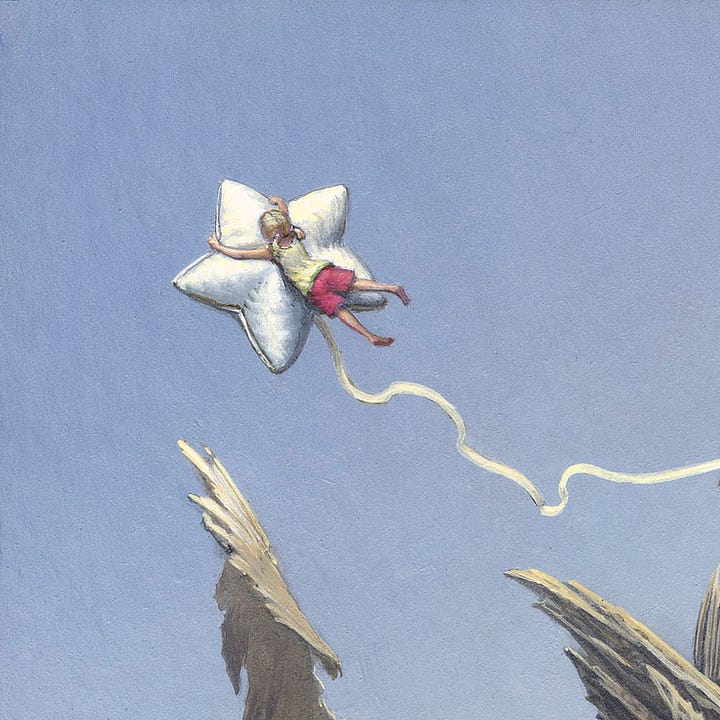 LEFT: Detail from HIGH FLIER featuring a ballon flying over sweeping rock formations. A young girl in pale yellow tank top and red shorts clings to the balloon a the leading point of the star. The balloon seems to be made of fabric stitched with a thick bead of trim at the edges. A long ribbon trails it flapping gently over the perilous rocks.  RIGHT: Figure detail from HIGH FLIER featuring a young girl clinging to a white star-shaped balloon as it flies past jagged rocks that seem to be reaching out to catch her. She wears red shorts and a pale yellow tank top. She grips the point of the star with arms extended wide. With tenuous grip, her bare feet trail her unanchored, following her upward momentum.