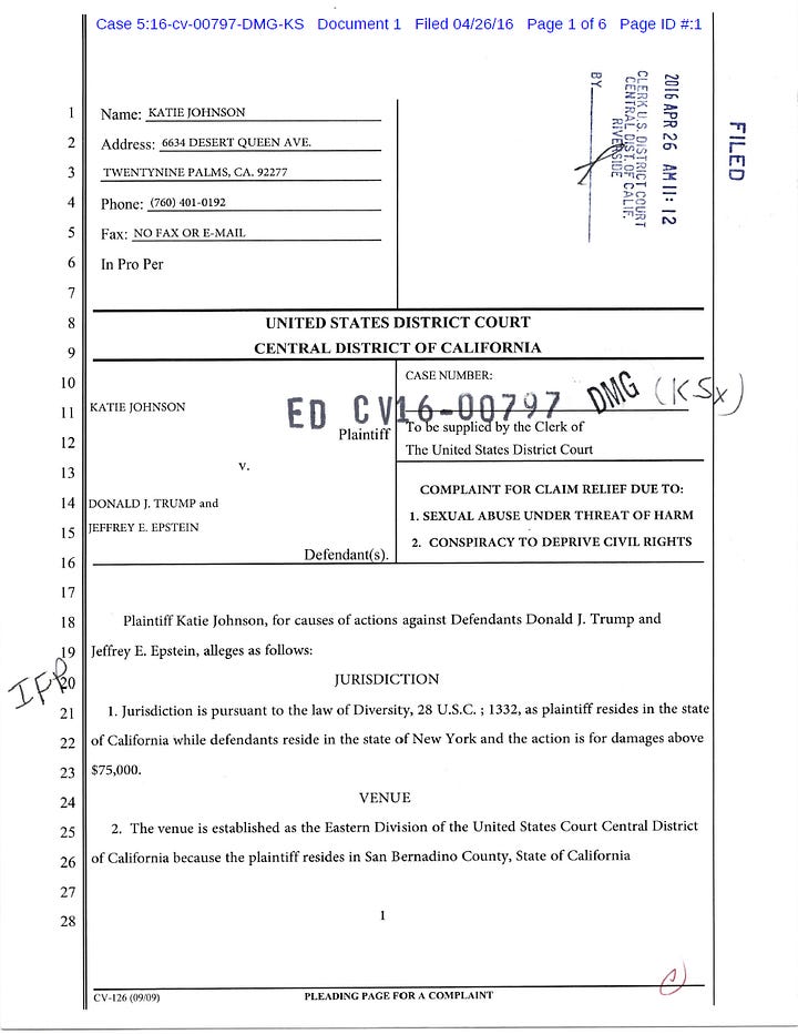 Katie Johnson/Jane Doe Court Cases — California and New York Respectively (full filings in sources section)