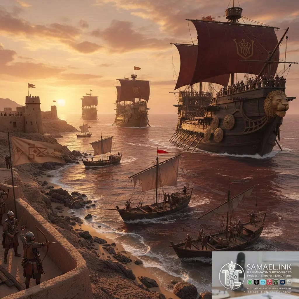 A dramatic, high-angle digital illustration of a historical naval fleet sailing along a rocky coastline at sunset. Large wooden galleons with deep red sails and golden lion figureheads dominate the water, accompanied by smaller wooden skiffs. Archers in leather and chainmail armor stand atop a stone fortification in the foreground, aiming bows toward the horizon. The setting sun casts a warm, golden-orange glow over the scene, reflecting off the dark, churning waves.