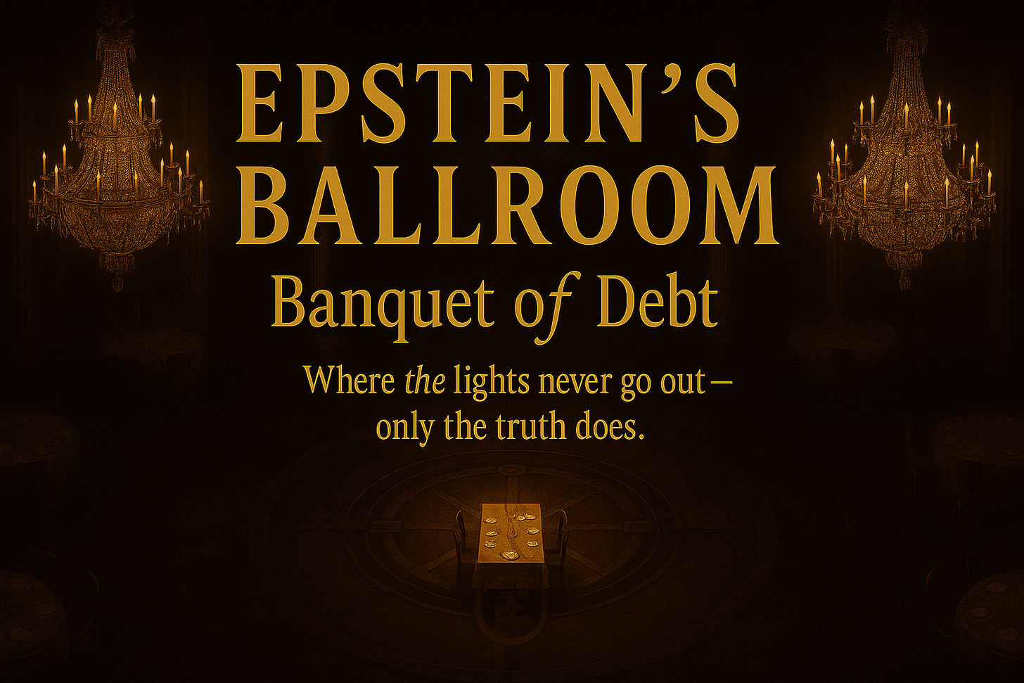 Beautiful black banner image, chandeliers, dining room table, Epstein's ballroom.