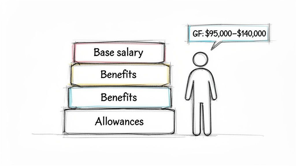 A diagram illustrating a compensation package (base salary, benefits, allowances) and a desired salary range.