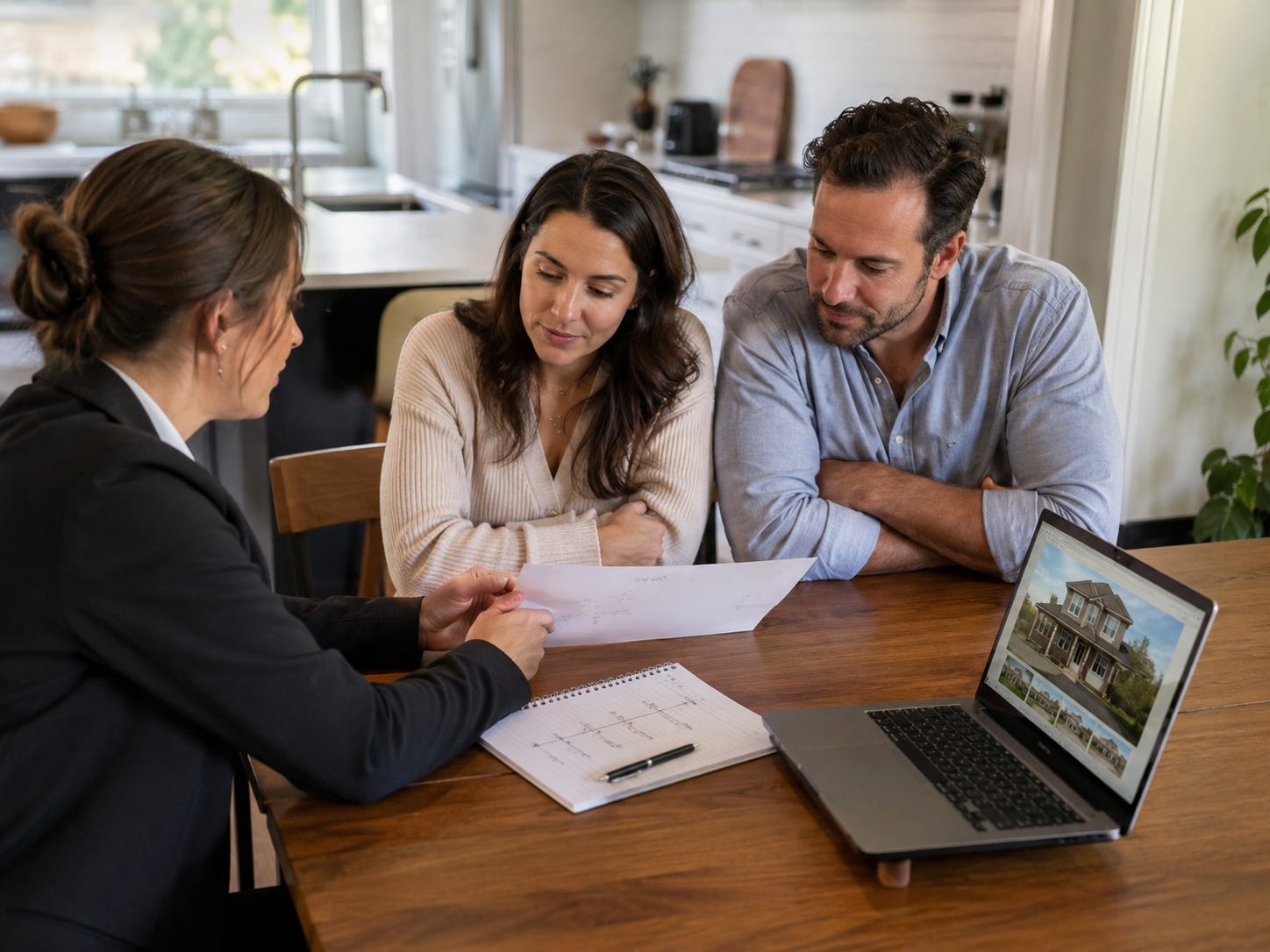 Real estate agent reviews transaction notes with homeowners at a kitchen table while discussing the process behind a successful sale.