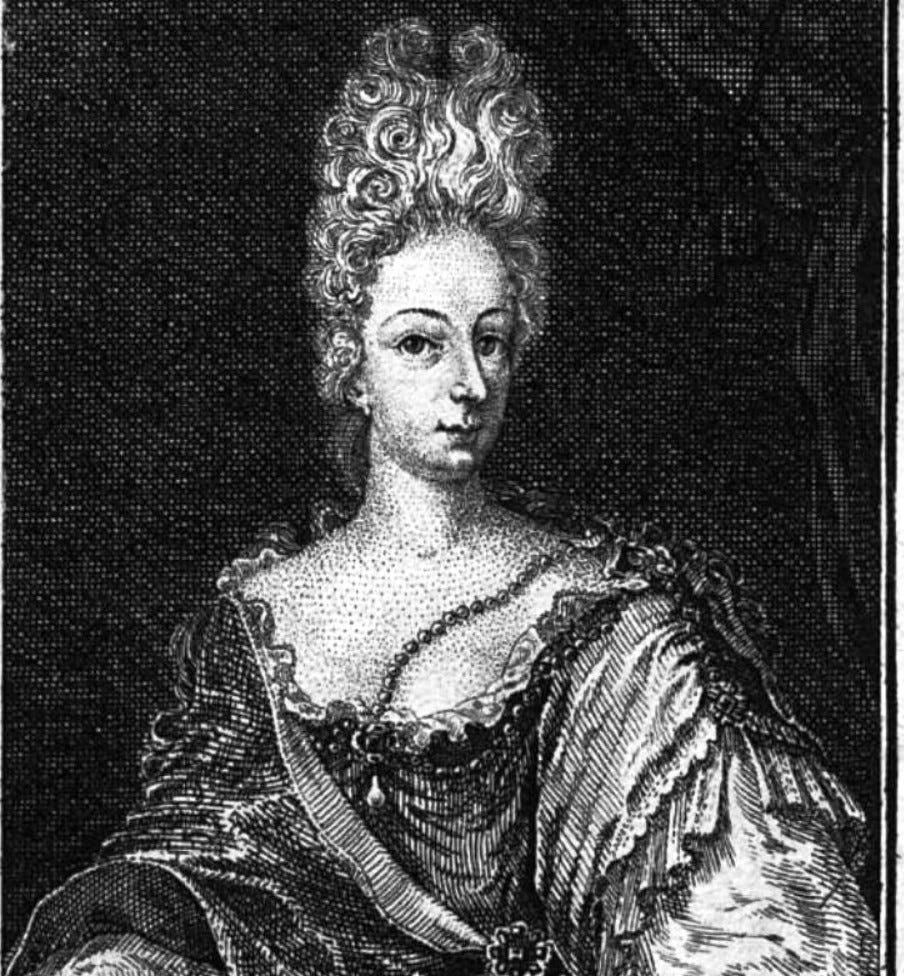 Black and white image of woman in 18th C dress with hair piled high
