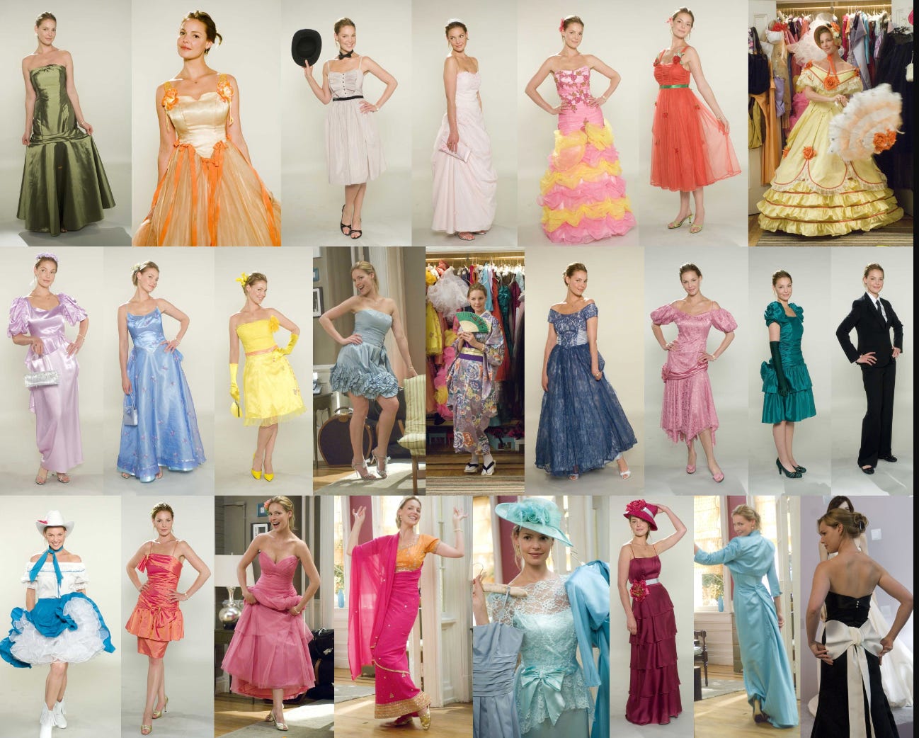 A picture of different outfits worn in movie “27 Dresses” A picture of different outfits worn in movie “27 Dresses”