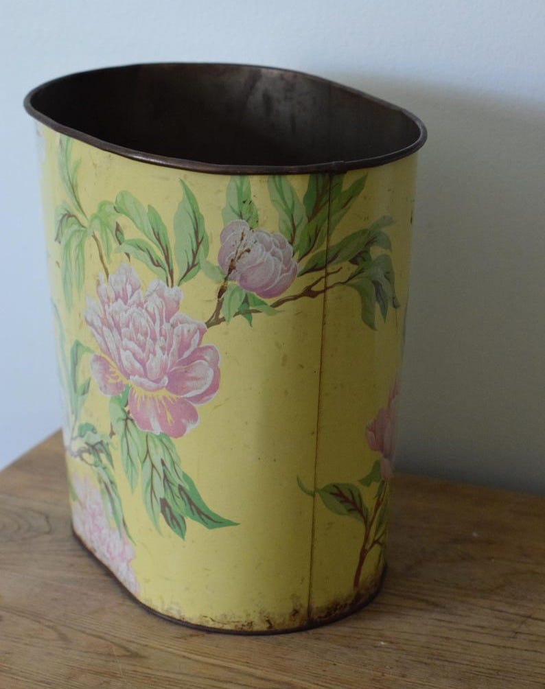 Distressed Vintage Yellow Metal Wastebasket with Pink Peonies Trash Can with Flower Design Rusty Cool Oval Shape Cottage Floral Decor image 1